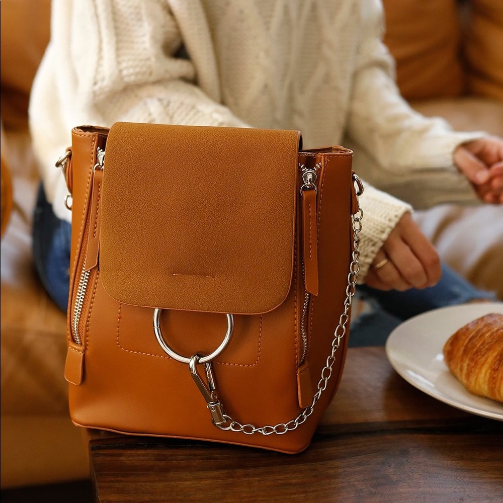 Lulu's Tan Leather Backpack with Silver Chain
